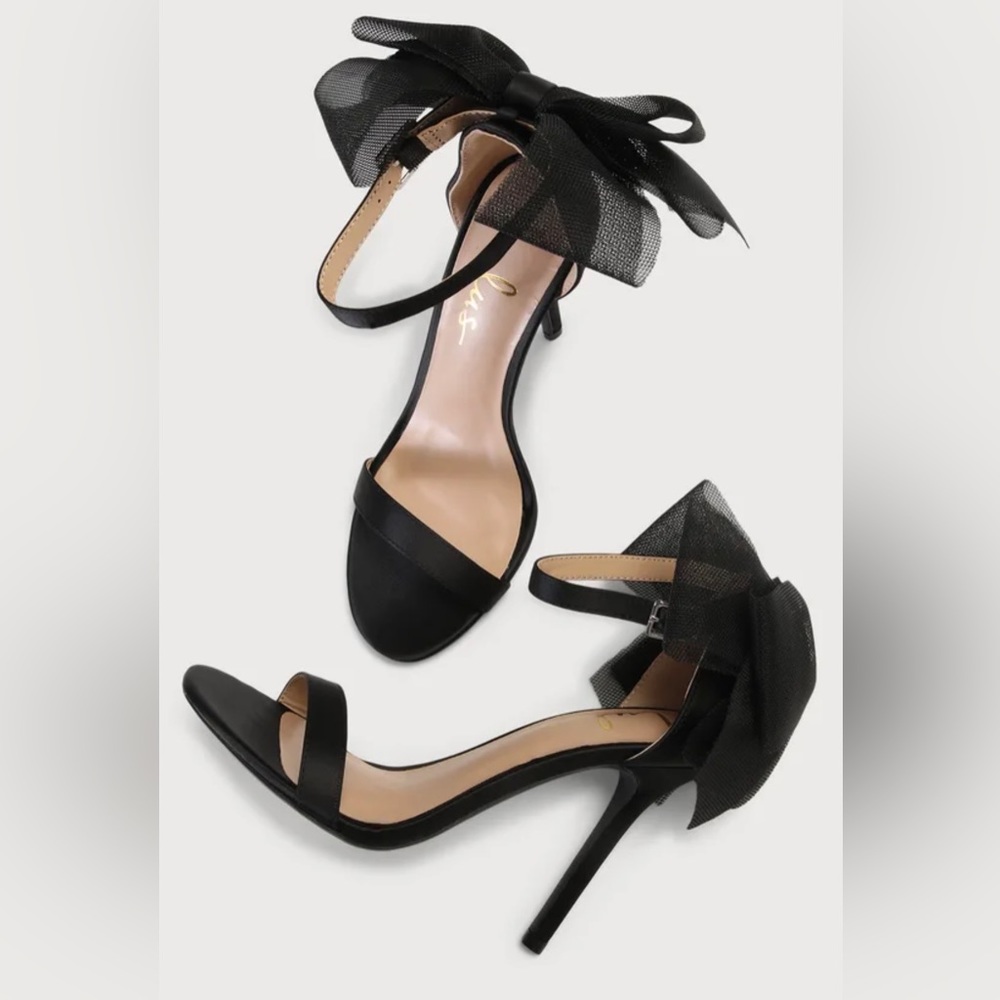 Ayanna Black Satin Bow Ankle-Strap High Heel Sandals